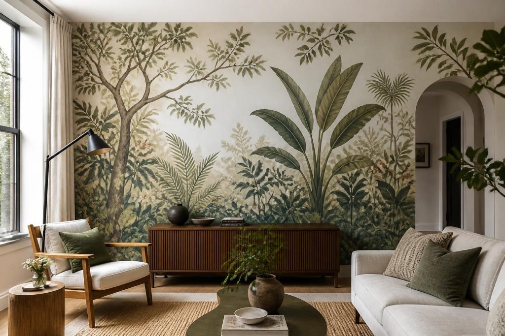 Finished hand-painted mural wall in a bright interior.