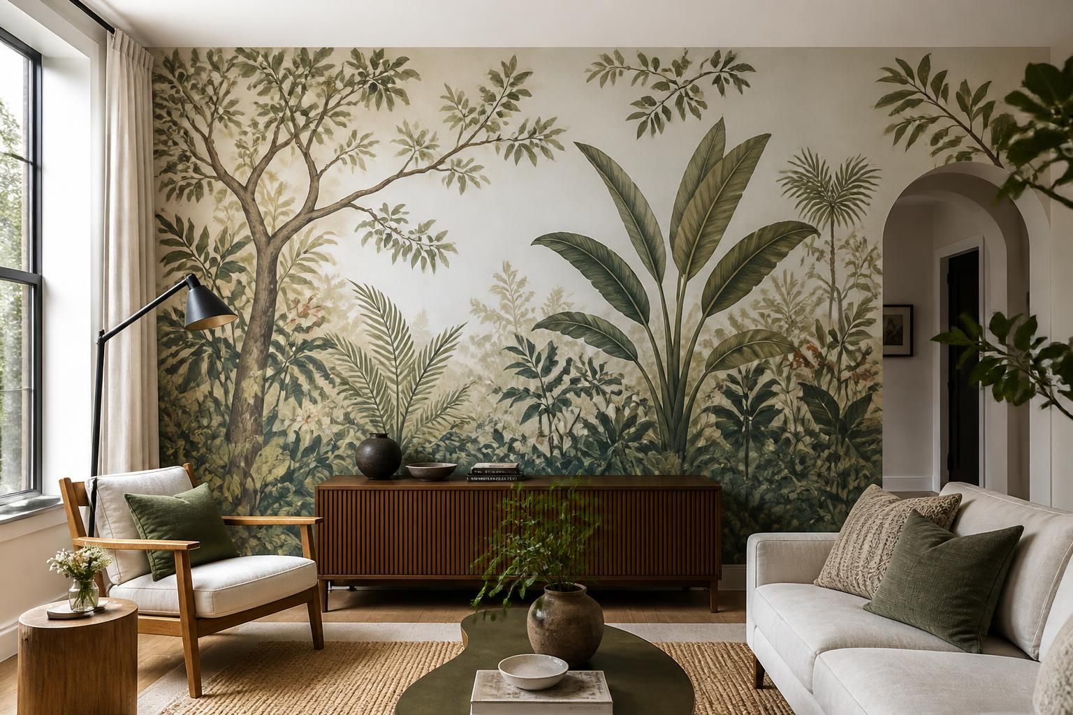 Finished hand-painted mural wall in a bright, stylish interior.