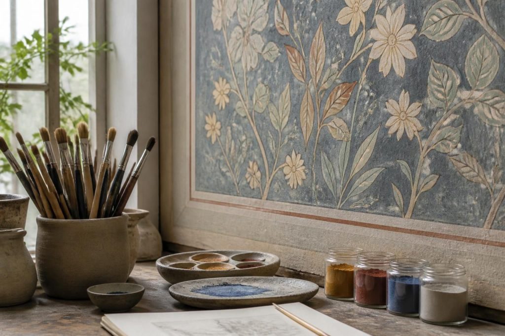 Paintbrushes and pigments beside a mural panel.