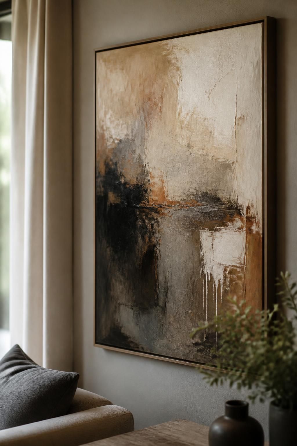 Close-up of textured original canvas art in a refined room.