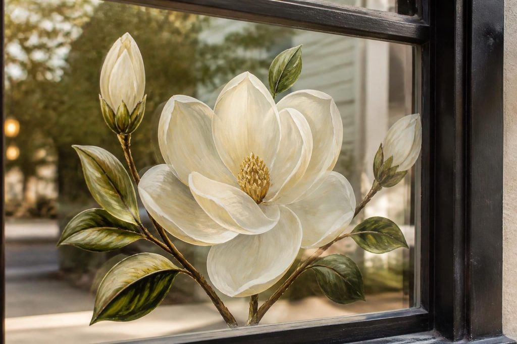 Hand-painted artwork on a softly lit window.